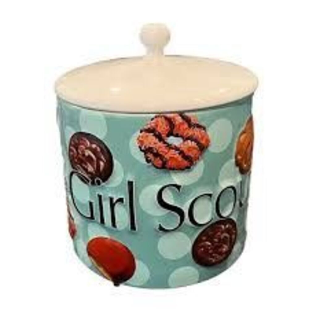 Y2K I Love Girl Scout Cookies Ceramic Jar With Lid Blue 3D Cookie Favorites 2006